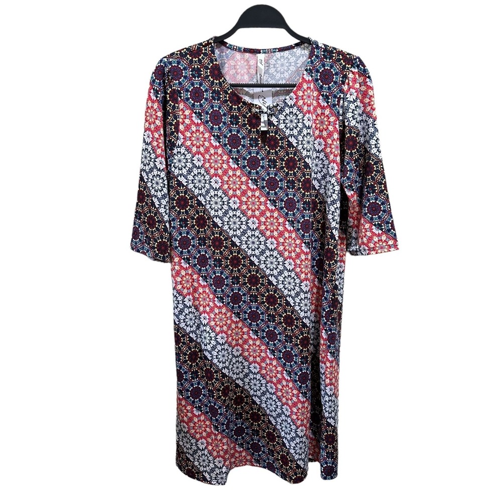 NY Collection Women Size M Geometric Medallion Stripe Keyhole Shift Dress NWT
